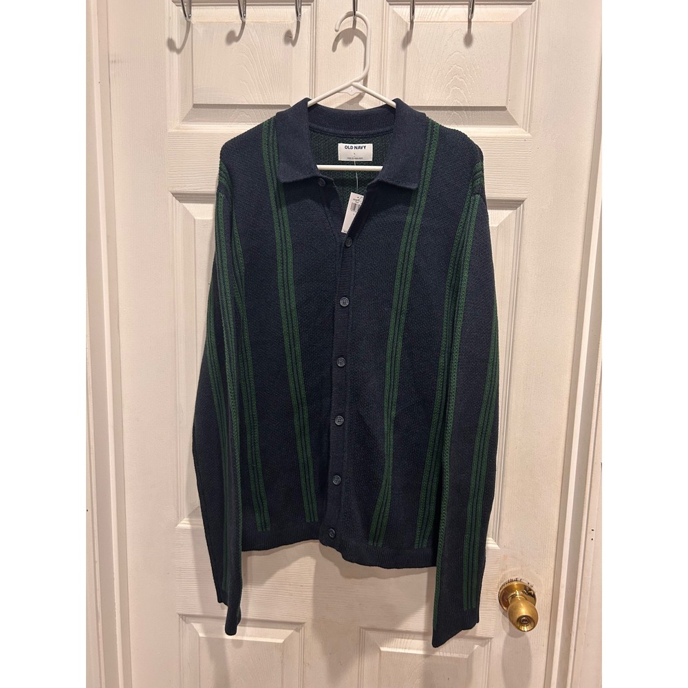 NWT Old Navy Mens Large Navy Green Striped Cotton Button Front Cardigan Sweater